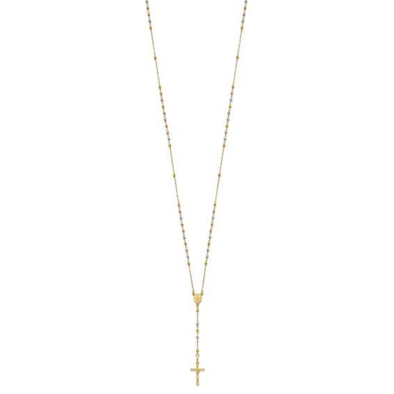 14K Tri-color Polished Crucifix and Miraculous Medal with Faceted Beads 24 inch Rosary Necklace