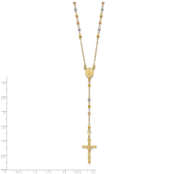 14K Tri-color Polished Crucifix and Miraculous Medal with Faceted Beads 24 inch Rosary Necklace