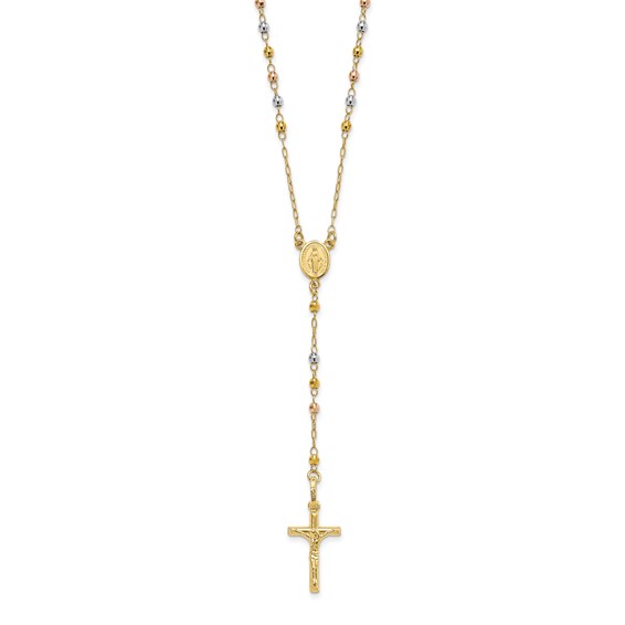14K Tri-color Polished Crucifix and Miraculous Medal with Faceted Beads 24 inch Rosary Necklace