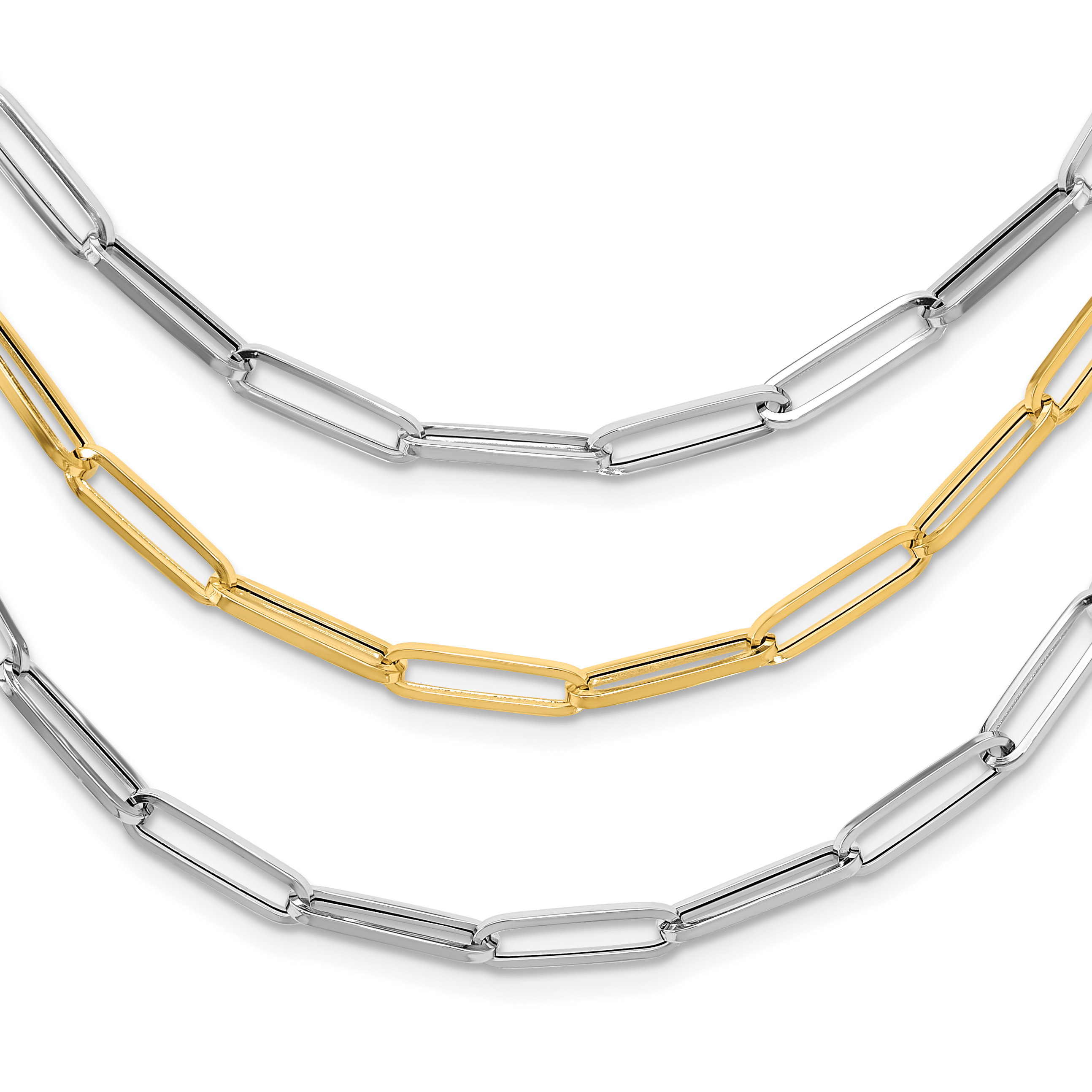 14K Two-tone Polished Fancy Paperclip Link 3-Strand Bib 18.25 inch Necklace (SF2973-18.25)