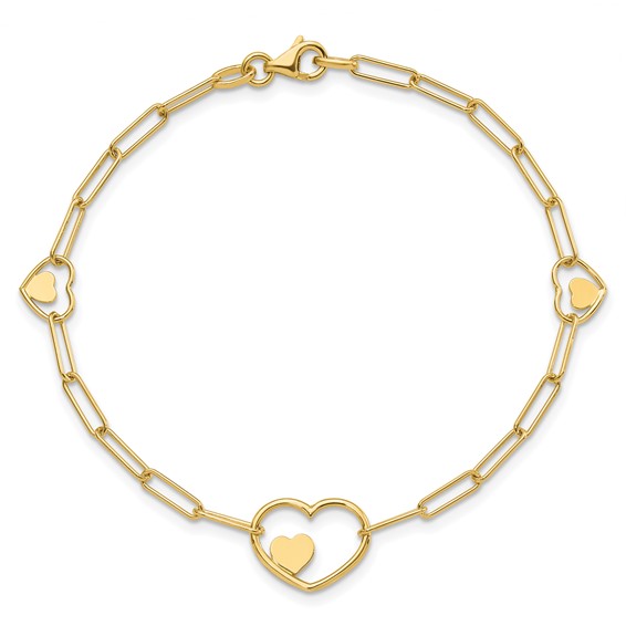 14K Double Hearts and Paperclip Links 7.25in Bracelet