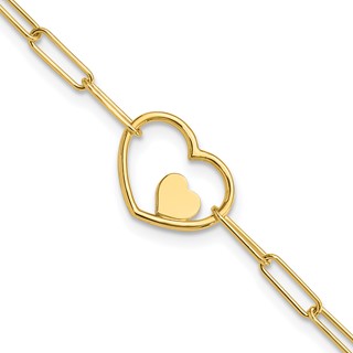 14K Double Hearts and Paperclip Links 7.25in Bracelet
