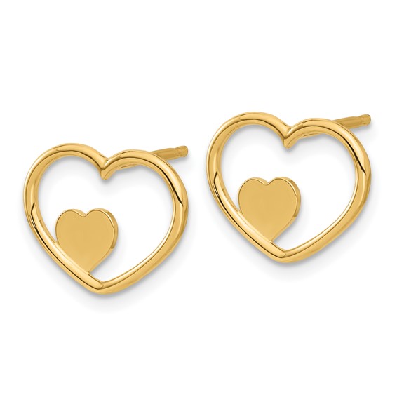 14K Open Heart with Small Heart Post Earrings