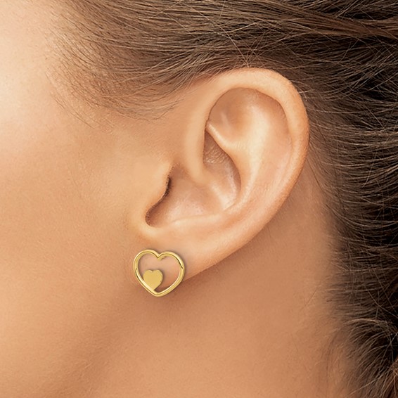 14K Open Heart with Small Heart Post Earrings