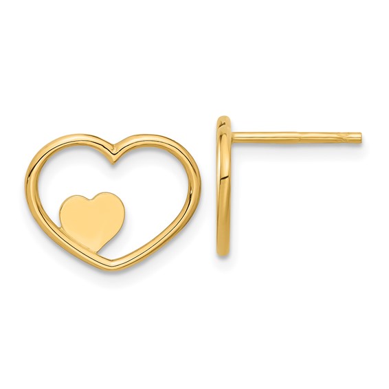 14K Open Heart with Small Heart Post Earrings