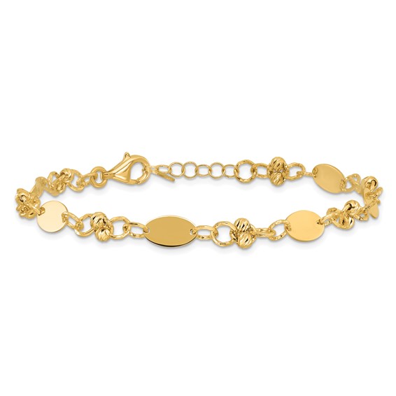 14K Polished and Diamond-cut Beaded Fancy Plus 1in ext. Bracelet