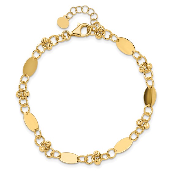 14K Polished and Diamond-cut Beaded Fancy Plus 1in ext. Bracelet