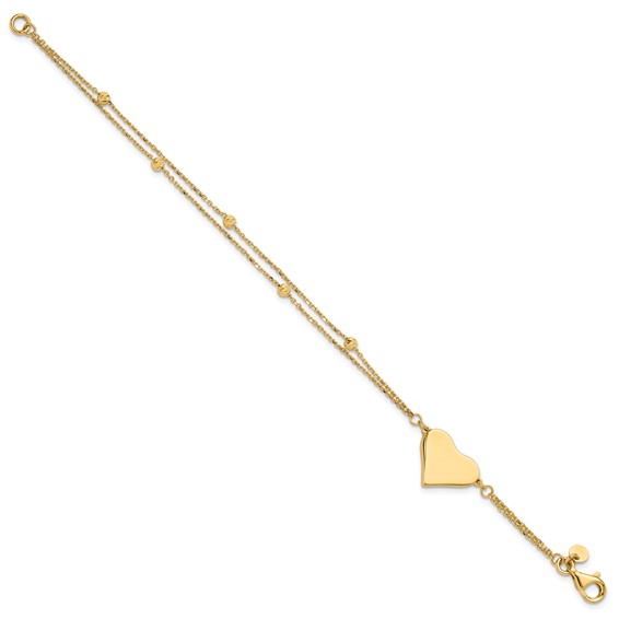 14K Polished 11x18mm Heart and Diamond-cut Beaded 2-Strand 7.5 inch Bracelet