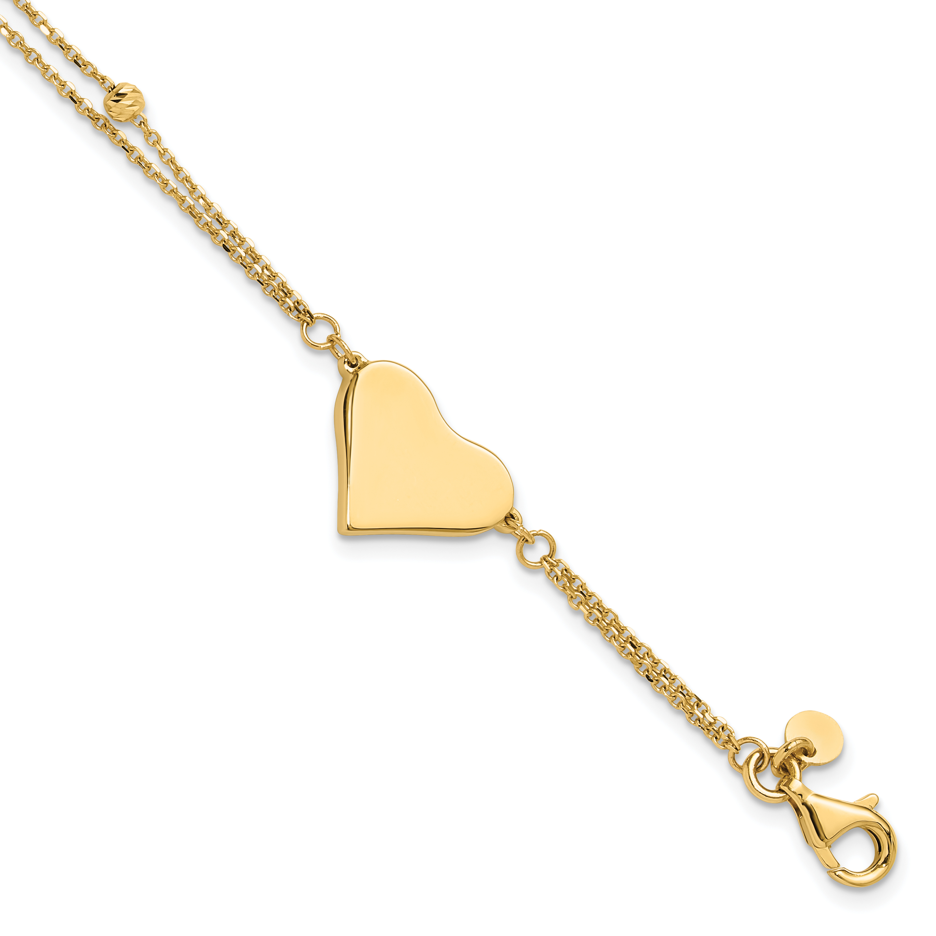 14K Polished 11x18mm Heart and Diamond-cut Beaded 2-Strand 7.5 inch Bracelet (SF2983-7.5)