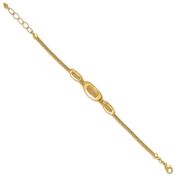 14K Polished and Textured Fancy Plus 1.5in ext. Bracelet