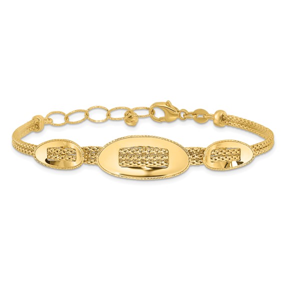 14K Polished and Textured Fancy Plus 1.5in ext. Bracelet