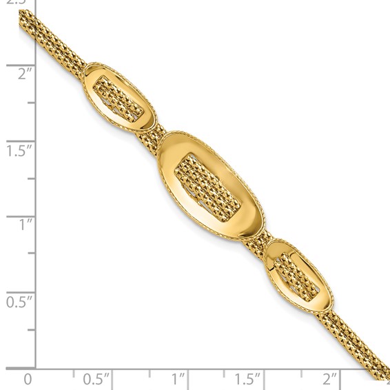 14K Polished and Textured Fancy Plus 1.5in ext. Bracelet