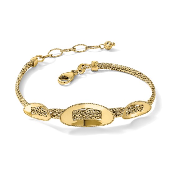 14K Polished and Textured Fancy Plus 1.5in ext. Bracelet