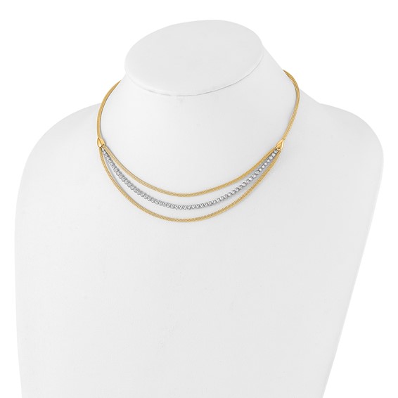 14K Two-tone Diamond-cut Beads and Mesh Chain 3-Strand Bib 15.75 inch Necklace Plus 2 inch Extender
