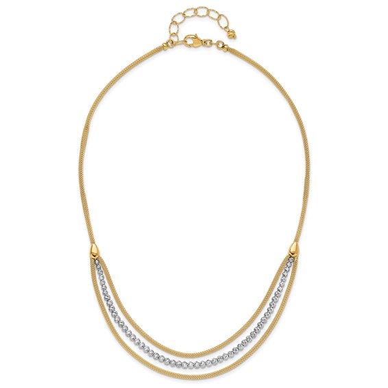 14K Two-tone Diamond-cut Beads and Mesh Chain 3-Strand Bib 15.75 inch Necklace Plus 2 inch Extender