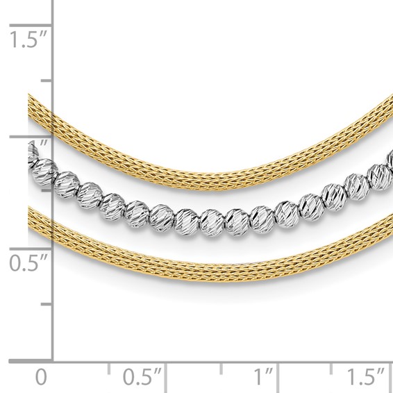 14K Two-tone Diamond-cut Beads and Mesh Chain 3-Strand Bib 15.75 inch Necklace Plus 2 inch Extender