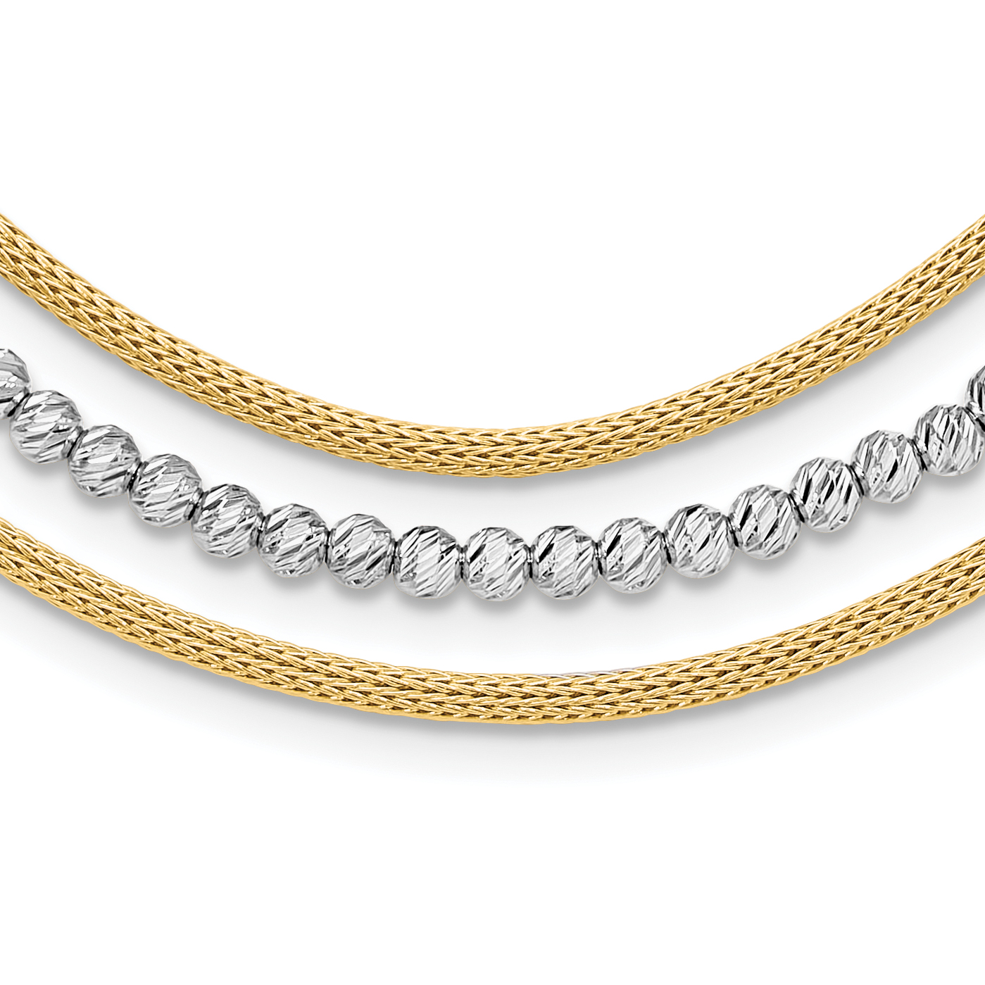 14K Two-tone Diamond-cut Beads and Mesh Chain 3-Strand Bib 15.75 inch Necklace Plus 2 inch Extender (SF2985-15.75)