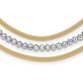 14K Two-tone Diamond-cut Beads and Mesh Chain 3-Strand Bib 15.75 inch Necklace Plus 2 inch Extender
