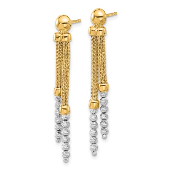 14K Two-tone Polished and Diamond-cut Beads and Mesh Chain Dangle Post Earrings