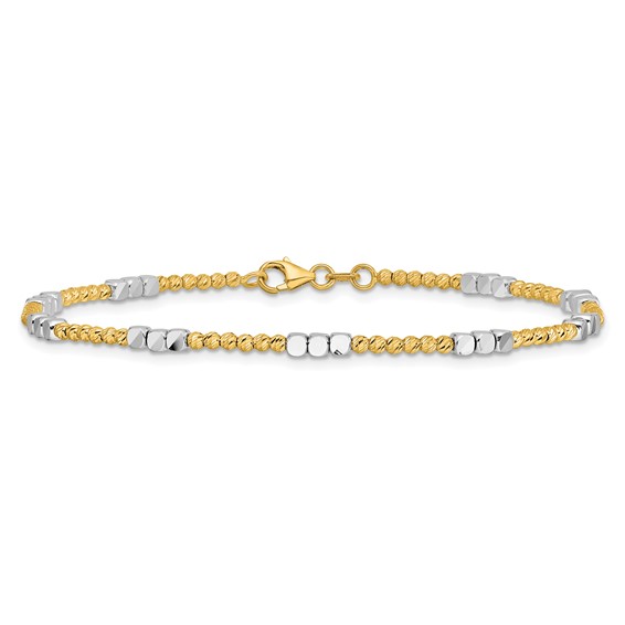 14K Two-tone Diamond-cut Round and Square Beaded 7.5 inch Bracelet
