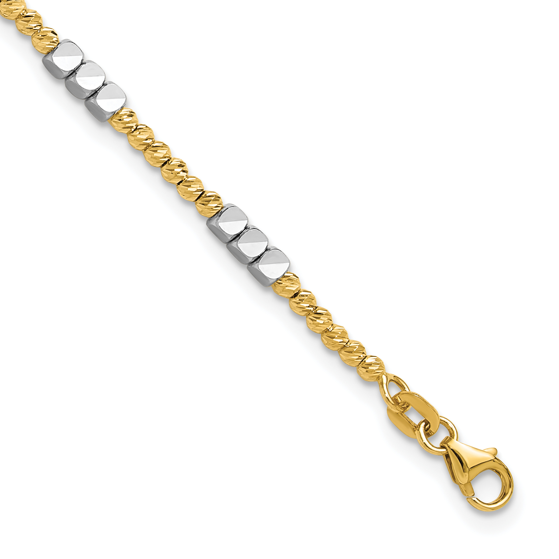 14K Two-tone Diamond-cut Round and Square Beaded 7.5 inch Bracelet (SF2986-7.5)