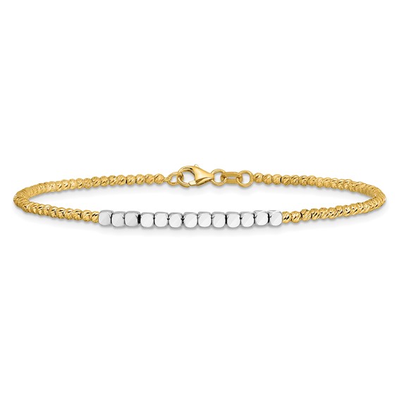14K Two-tone Diamond-cut Square and Round Beaded 7.5 inch Bracelet