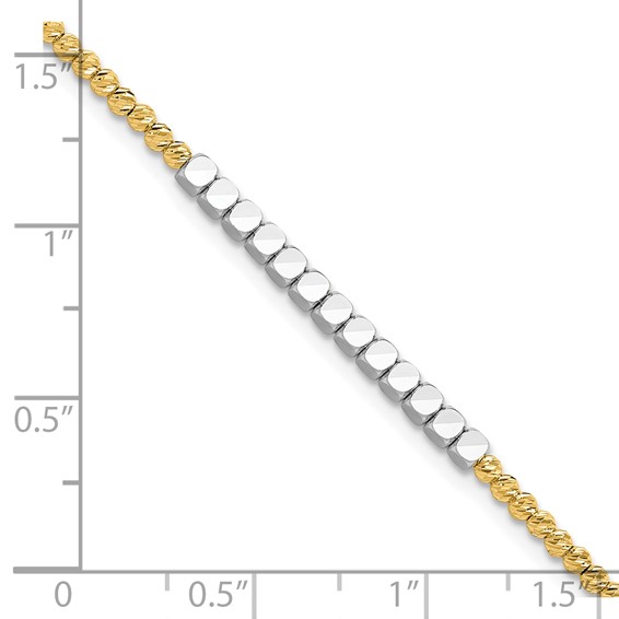 14K Two-tone Diamond-cut Square and Round Beaded 7.5 inch Bracelet