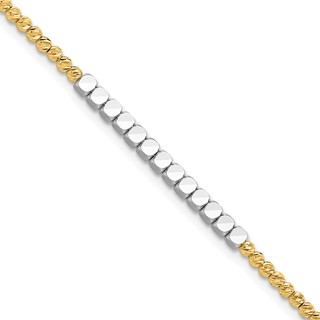 14K Two-tone Diamond-cut Square and Round Beaded 7.5 inch Bracelet