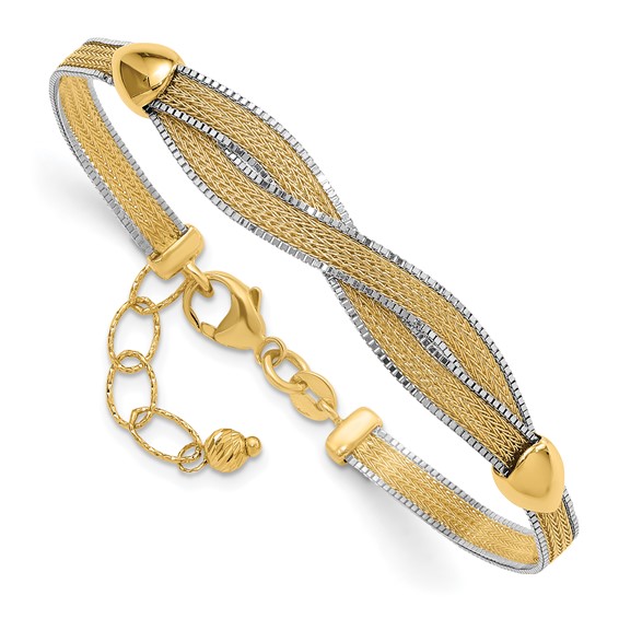 14k Two-tone 6.75in w/1in Ext. Mesh Bracelet