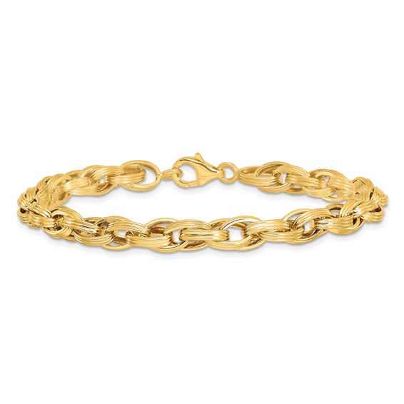 14K Polished and Grooved Fancy Oval Link Bracelet