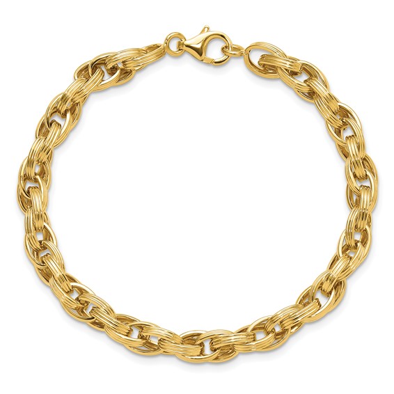 14K Polished and Grooved Fancy Oval Link Bracelet