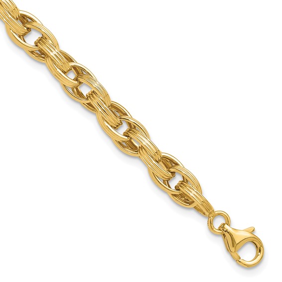 14K Polished and Grooved Fancy Oval Link Bracelet