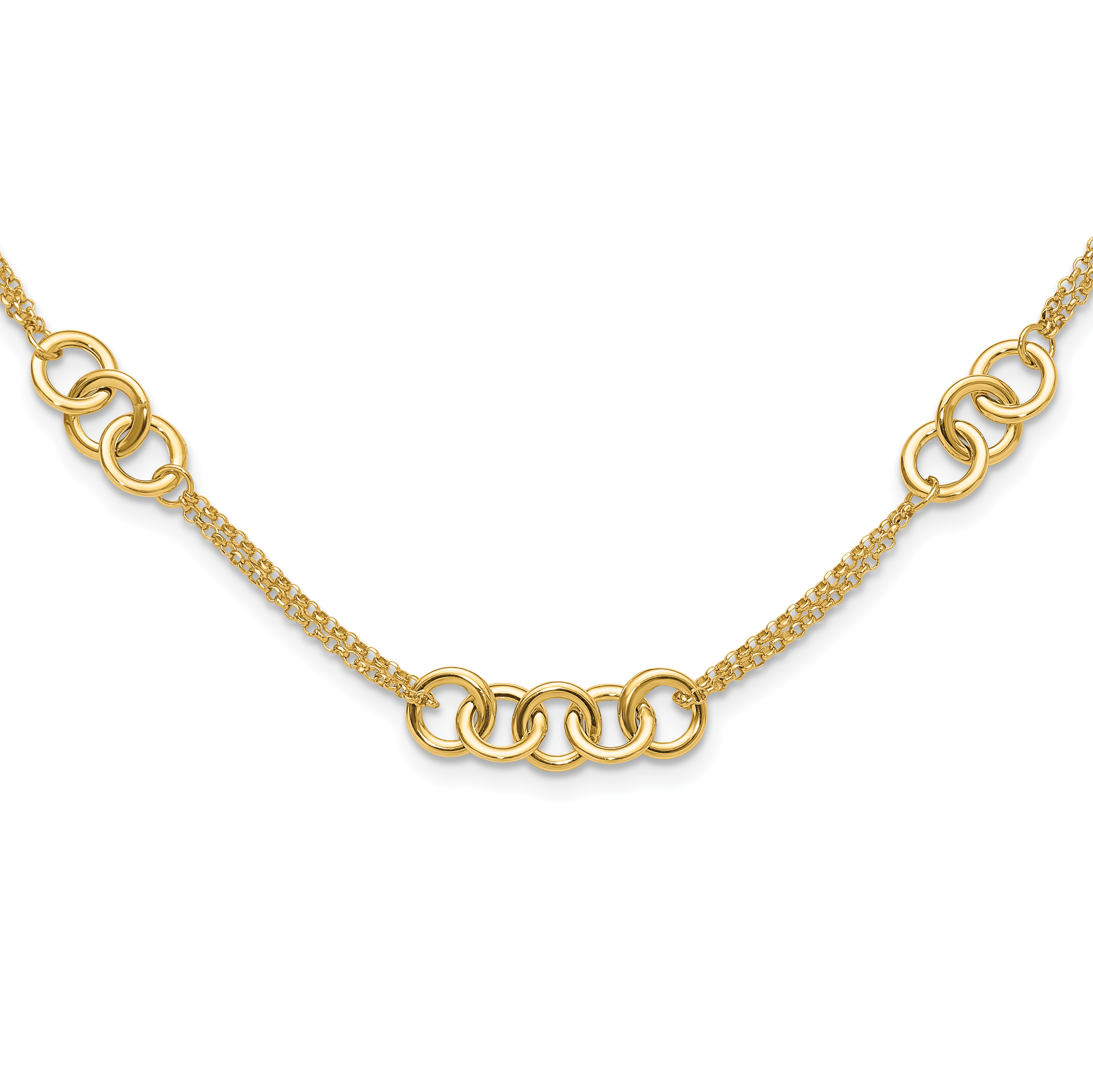 14K Polished Linked Circles with Chain 5-Station 17 inch Necklace (SF3020-17)