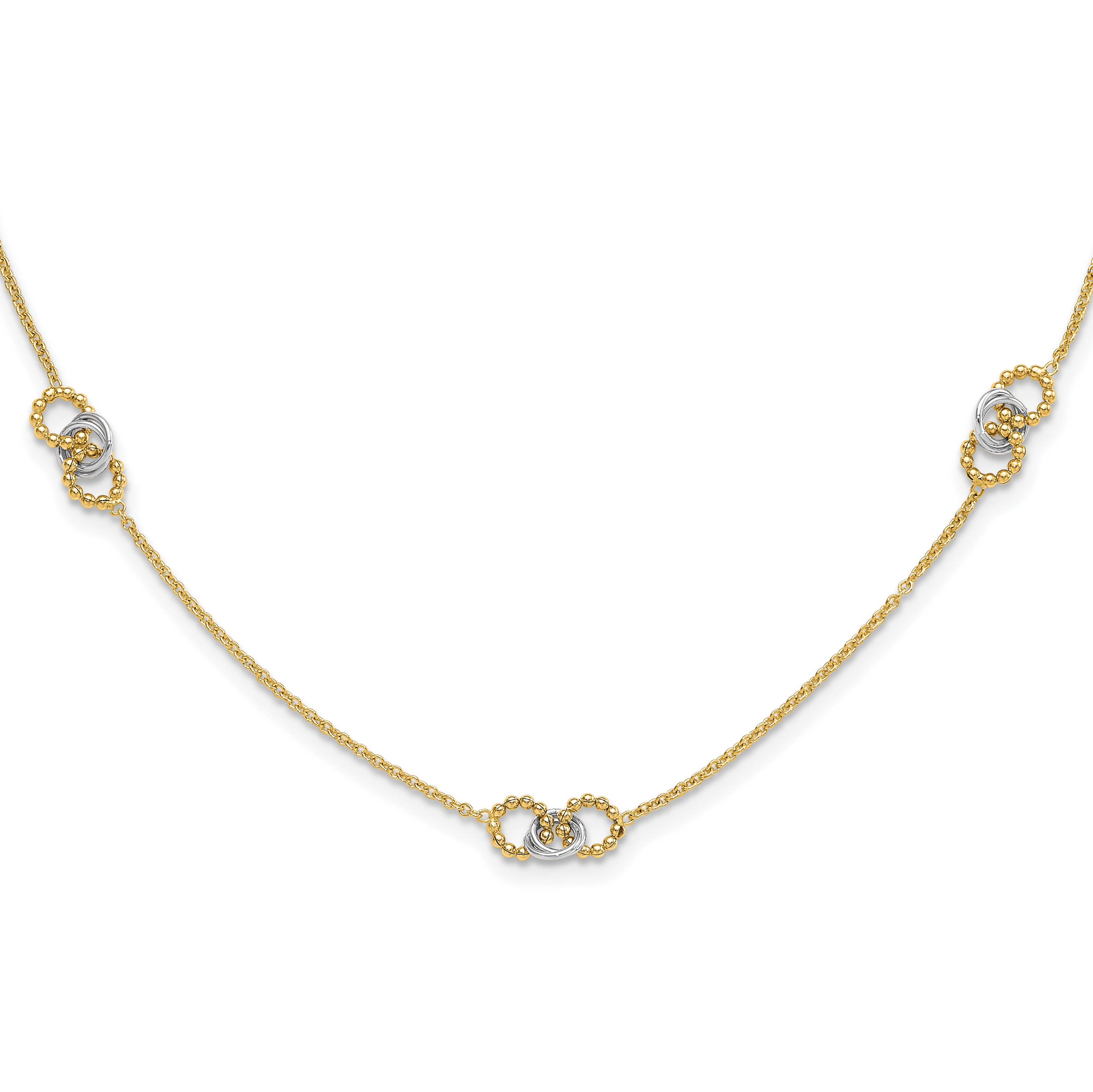 14K Two-tone Linked and Beaded Circles 3-Station 16 inch Necklace Plus 2 inch Extender (SF3031-16)