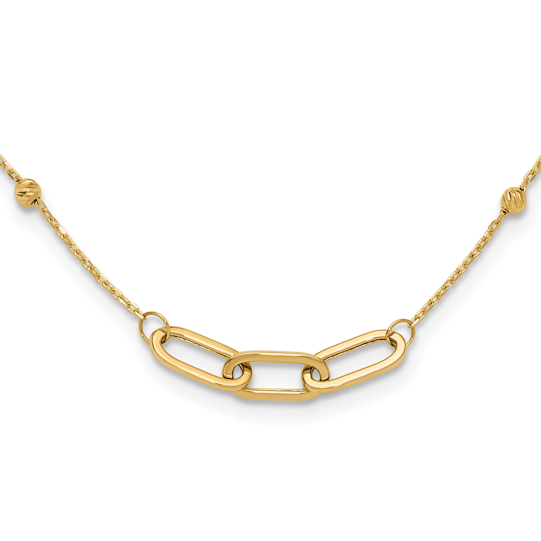 14K Polished Linked Ovals and Diamond-cut Beads Fancy 3-Station 18 inch Necklace (SF3033-18)