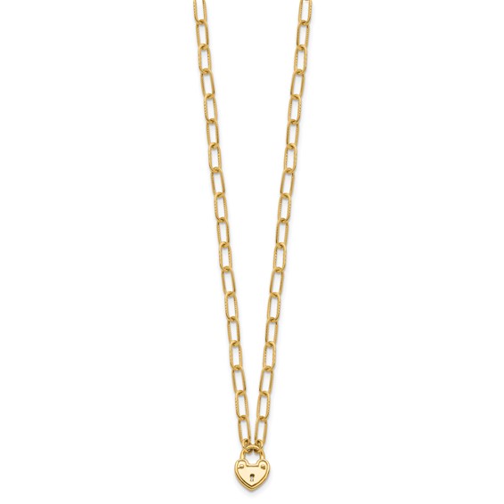 14K Polished Heart Lock Charm Paperclip Link 17.25 inch Necklace