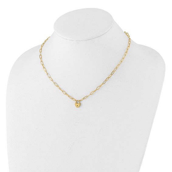 14K Polished Heart Lock Charm Paperclip Link 17.25 inch Necklace