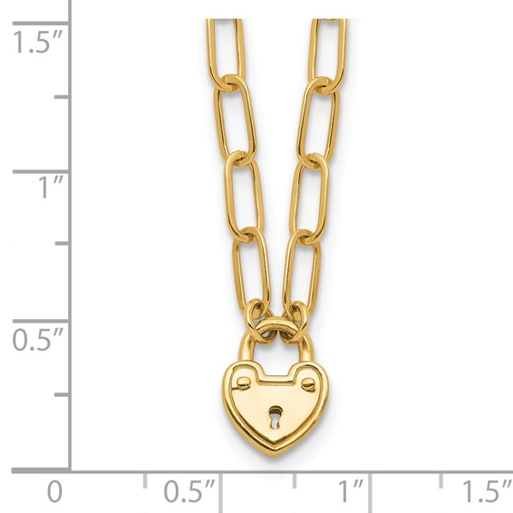 14K Polished Heart Lock Charm Paperclip Link 17.25 inch Necklace