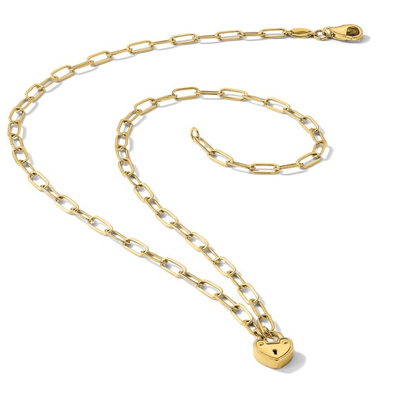 14K Polished Heart Lock Charm Paperclip Link 17.25 inch Necklace