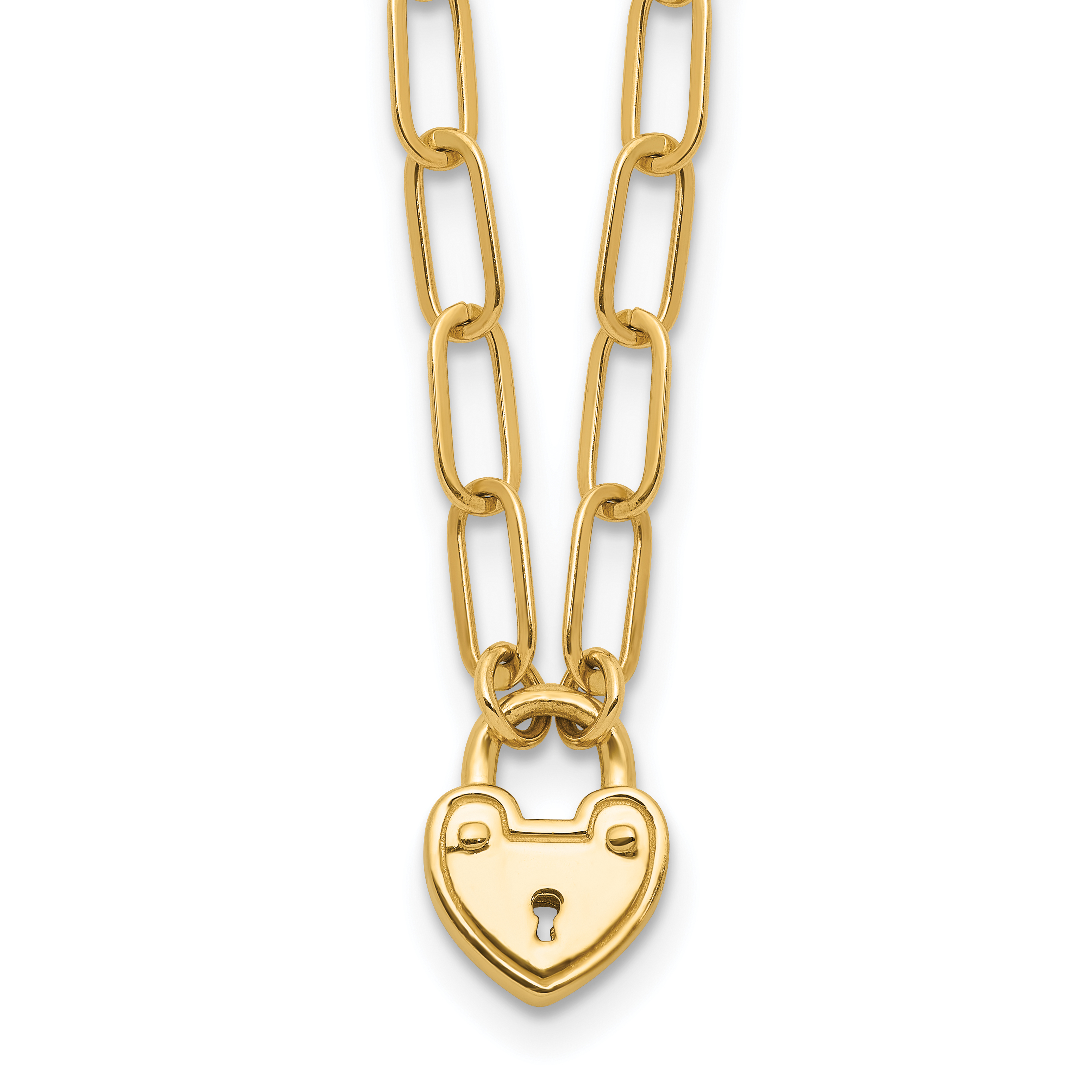 14K Polished Heart Lock Charm Paperclip Link 17.25 inch Necklace (SF3038-17.25)