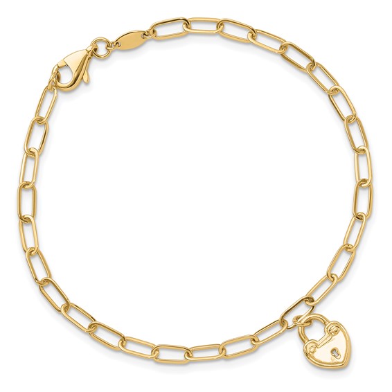 14K Polished Heart Lock Charm Paperclip Link 7.5 inch Bracelet