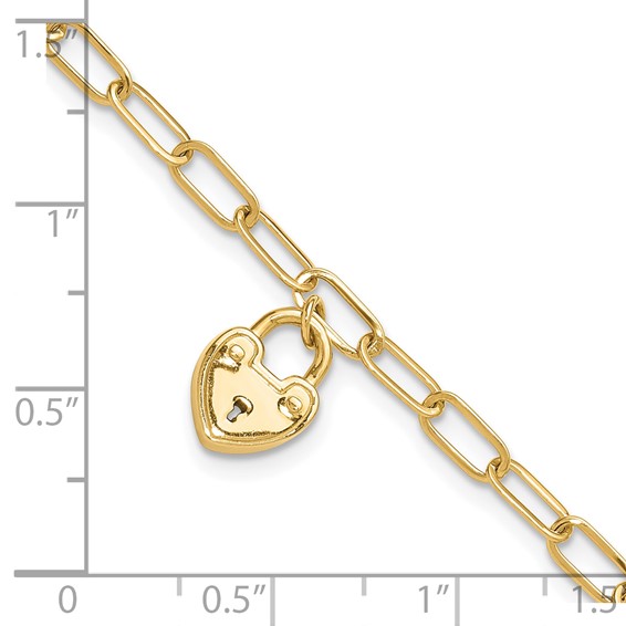 14K Polished Heart Lock Charm Paperclip Link 7.5 inch Bracelet