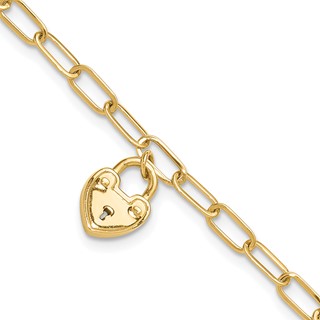 14K Polished Heart Lock Charm Paperclip Link 7.5 inch Bracelet