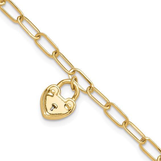 14K Polished Heart Lock Charm Paperclip Link 7.5 inch Bracelet