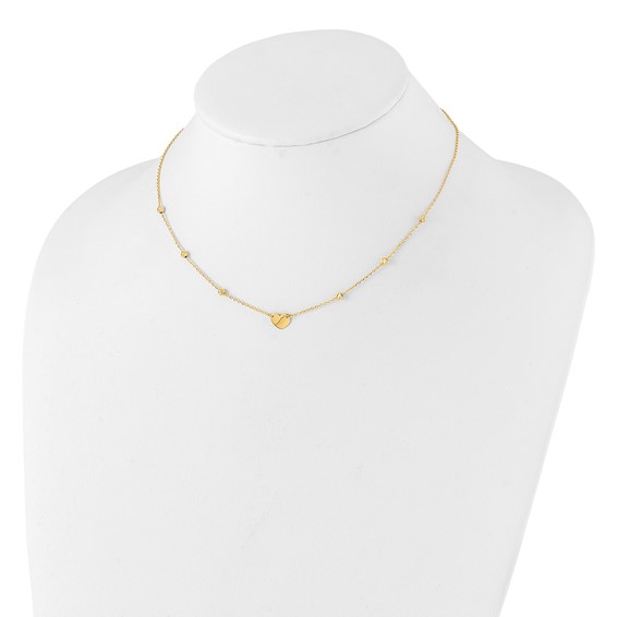 14K Polished Heart and Diamond-cut Beads 15.5 inch Necklace Plus 2 inch Extender