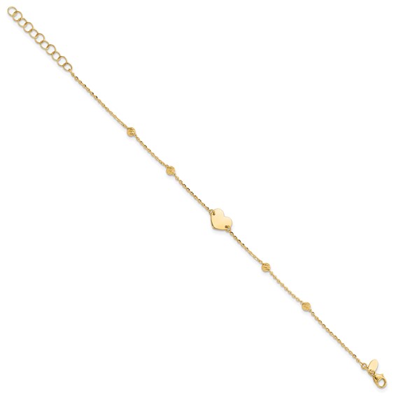 14K Polished Heart and Diamond-cut Beads 6.5 inch Bracelet Plus 1 inch Extension