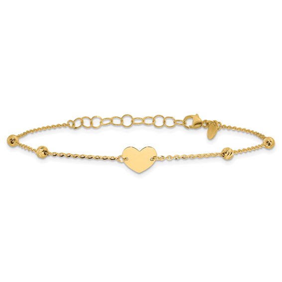 14K Polished Heart and Diamond-cut Beads 6.5 inch Bracelet Plus 1 inch Extension
