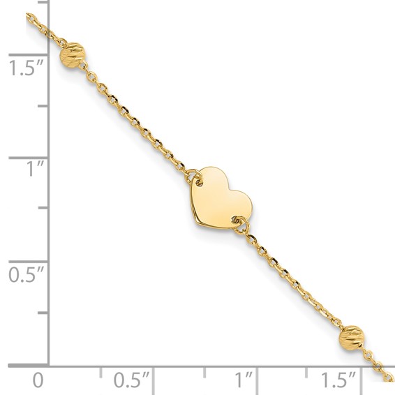 14K Polished Heart and Diamond-cut Beads 6.5 inch Bracelet Plus 1 inch Extension