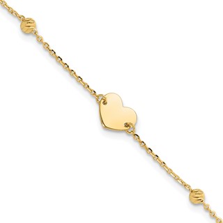 14K Polished Heart and Diamond-cut Beads 6.5 inch Bracelet Plus 1 inch Extension
