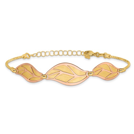 14K Two-tone Rose and Yellow Polished / Brushed Leaf w/ 1.5in ext. Bracelet
